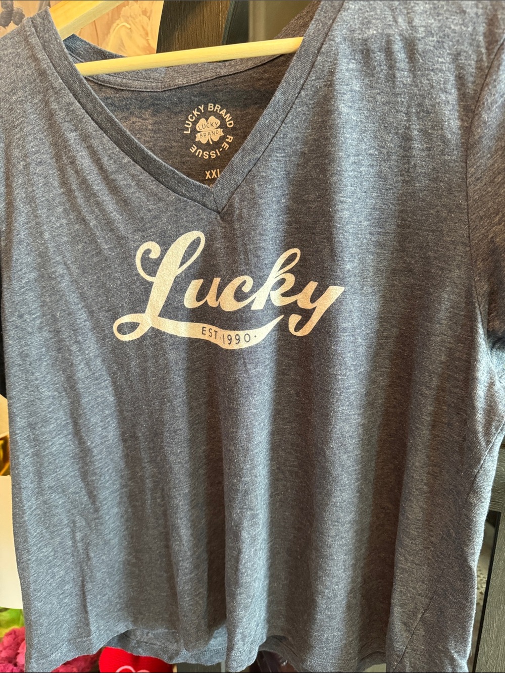 Lucky Brand Heather Navy V-Neck Tee with White Logo - Picture 3 of 4